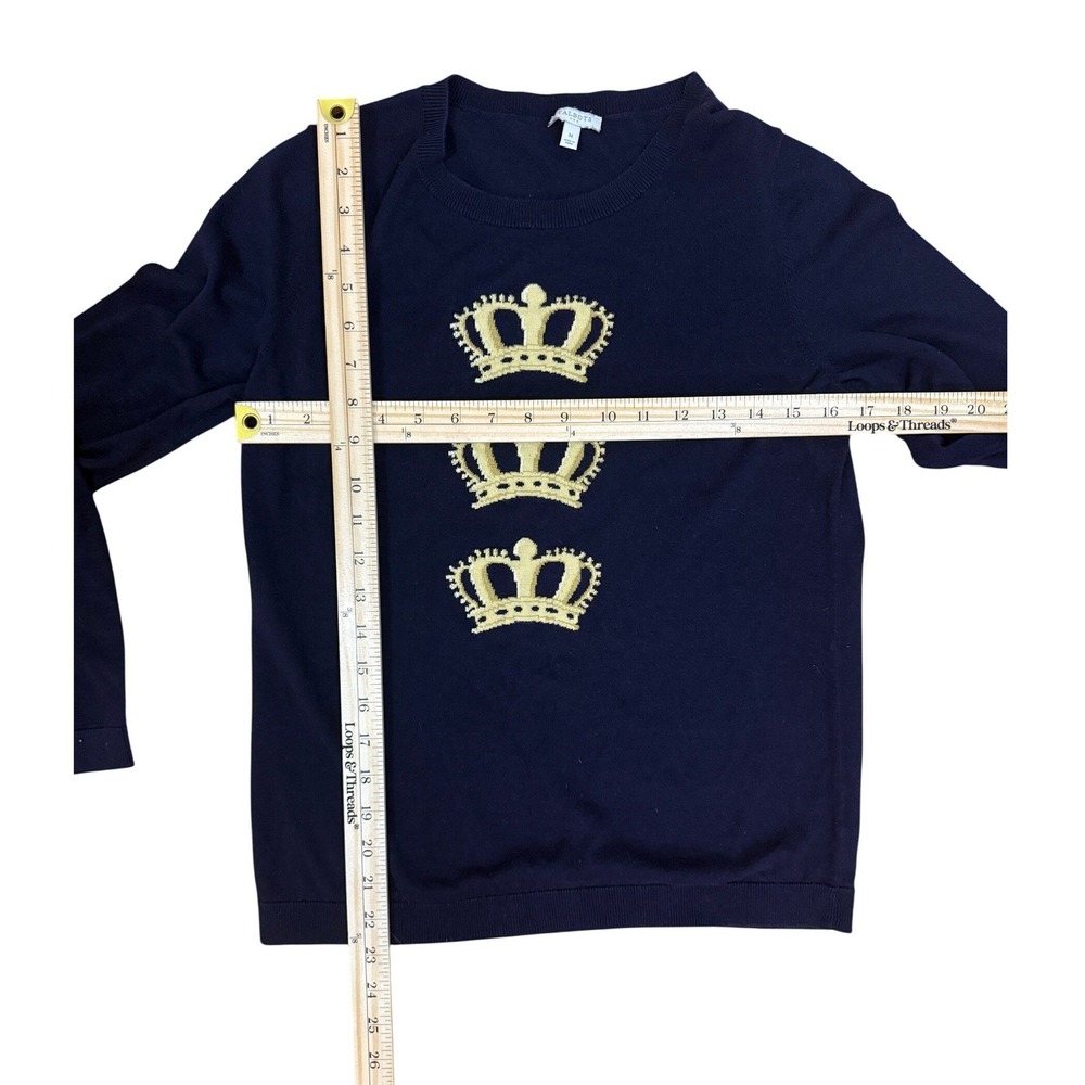 Talbots Sweater Women M Navy Gold Crown Embroidered Knit Regal Preppy Academia - Picture 4 of 6